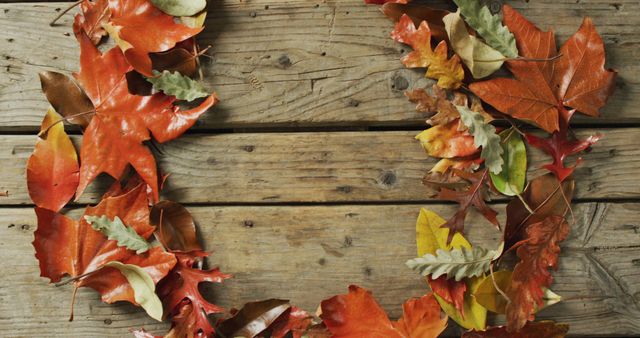 Autumn leaves forming a wreath placed on rustic wooden planks. Ideal for seasonal promotions, fall-themed advertising, greeting cards, blog content about autumn, home decoration ideas, or websites featuring rustic or harvest décor.