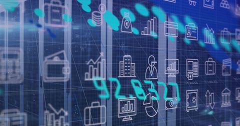 Digital interface with business icons and data processing overlay