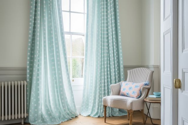 Blue curtains with white dots hanging in room with window, created using generative ai technology. Interior design, home decor and fabric concept digitally generated image.