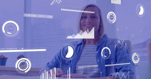 smiling businesswoman analyzing data with virtual interface in office - Download Free Stock Images Pikwizard.com