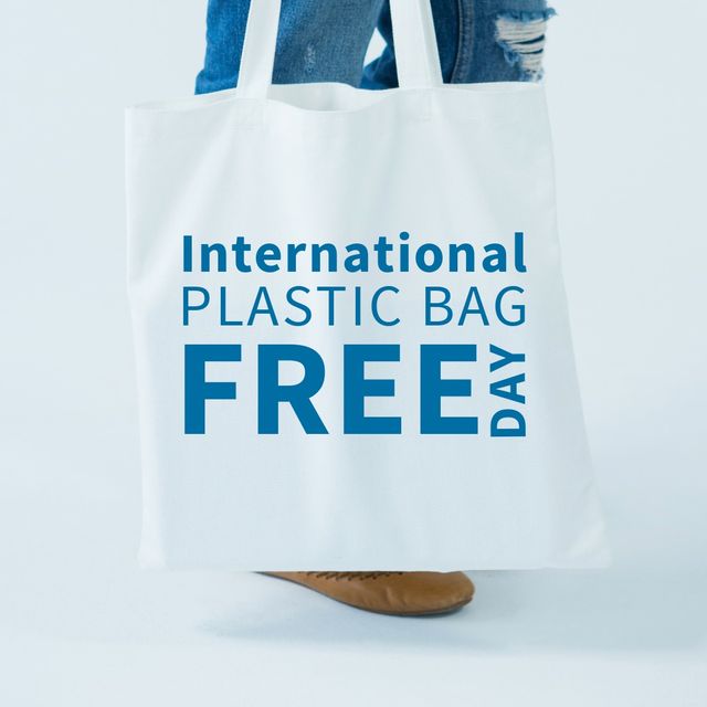 Digital composite image of international plastic bag free day text on white textile bag - Download Free Stock Videos Pikwizard.com