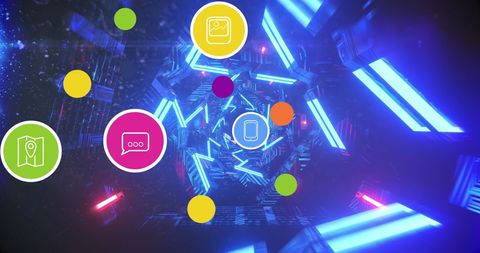 Futuristic neon tunnel with digital social media icons