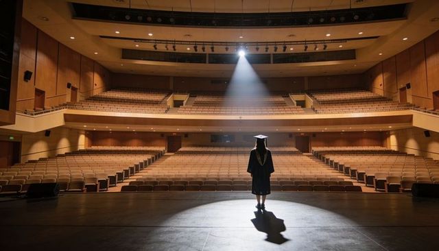 Standing graduate on empty theater stage under spotlight casting long dramatic shadow