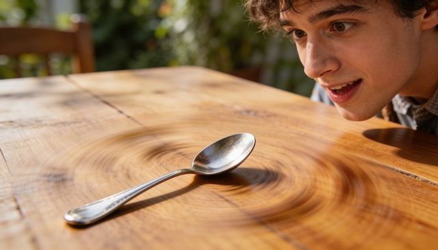 Curious teen leaning at table watching spinning spoon on sunlit wooden surface