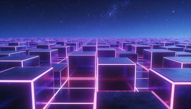 Neon Grid of Glowing Cubes Stretching into Horizon Under Starry Synthwave Sky