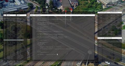 Translucent code overlay hovering over aerial highway interchange showing telemetry panels