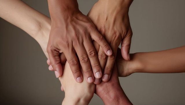 Hands stacked in unity showing teamwork, support and connection across diverse adults