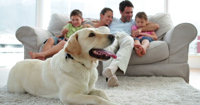 Cute family relaxing together on the couch with their dog on the rug in living room at home - Download Free Stock Photos Pikwizard.com