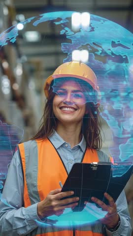 Vertical video: Female warehouse inspector monitoring holographic globe taking notes on clipboard