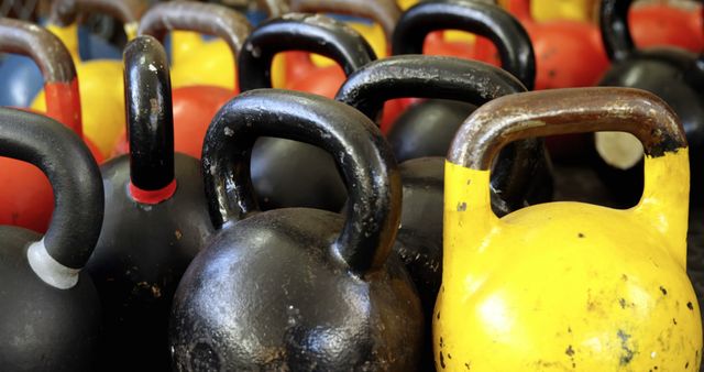 Close-up of kettle bells kept on the shelf in the fitness studio 4k