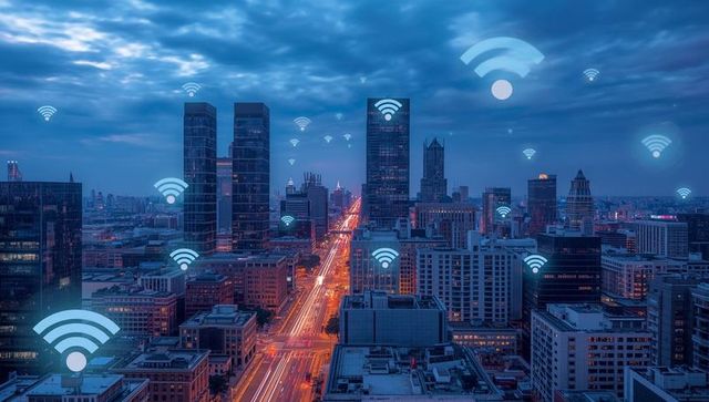 Smart City WiFi Icons Illuminating Urban Skyline