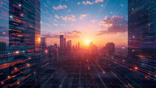 Futuristic Digital Cityscape at Sunset with Streaming Code Elements