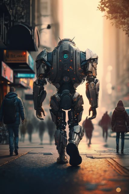 Robotic Figure Walking Through Bustling City Street at Sunrise - Download Free Stock Images Pikwizard.com