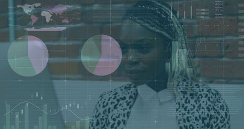 Businesswoman analyzing laptop data with analytics overlays wearing leopard-print blazer