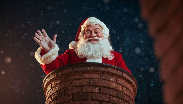 Waving Santa Claus in Chimney with Falling Snowflakes During Festive Holiday