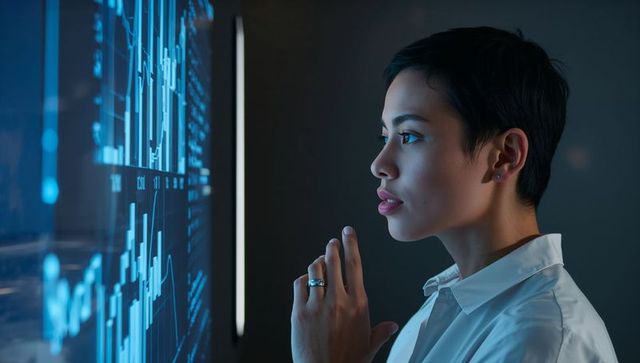 Asian woman analyzing blue financial charts on wall-mounted digital display tracking market trends