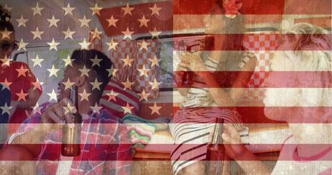 Young Group Partying in Van with American Flag Overlay