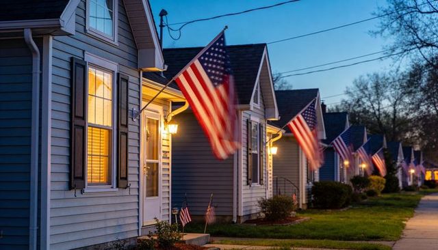 Row of suburban houses displaying american flags at dusk with warm porch lights, blue hour sky