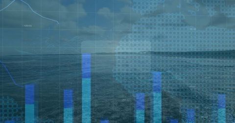 Digital data visualization overlay on open sea horizon