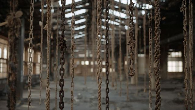 Hanging frayed ropes and rusted chains in abandoned industrial warehouse with skylights