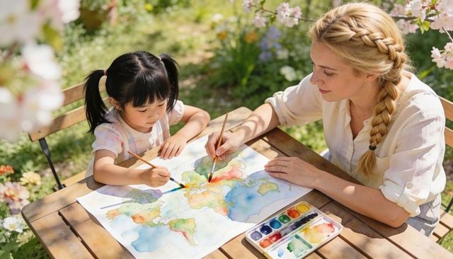 Garden watercolor world map lesson with asian girl and caucasian caregiver painting