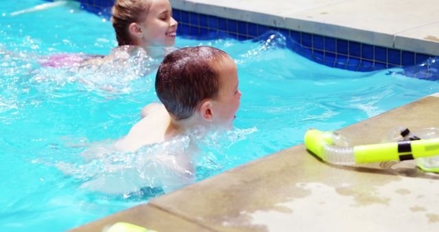 Young children enjoying swimming in a pool on a bright summer day. Perfect for representing childhood fun, summer activities, outdoor leisure, family vacations, and poolside enjoyment. Suitable for advertising summer camps, swimming lessons, and family-friendly products.