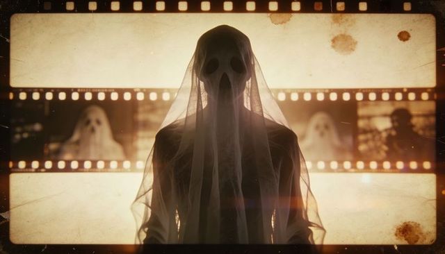Masked ghostly figure standing backlit with sheer veil and vintage filmstrip
