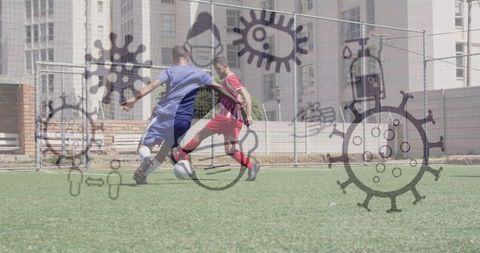 Masked Illustrations Overlay During Intense Youth Soccer Match