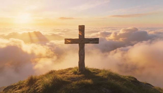 Weathered wooden cross standing on misty mountaintop at sunrise with sea of clouds