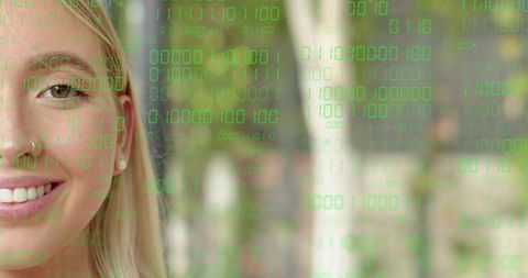 Smiling Woman with Nose Ring Portrait in Birch Forest with Green Binary Code Overlay