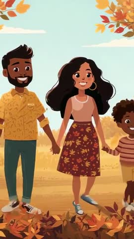 Vertical Video: Family Strolling Through Sunlit Autumn Path with Falling Leaves