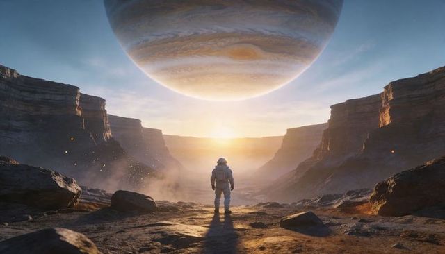 Astronaut standing on alien canyon rim with giant gas planet overhead at sunrise