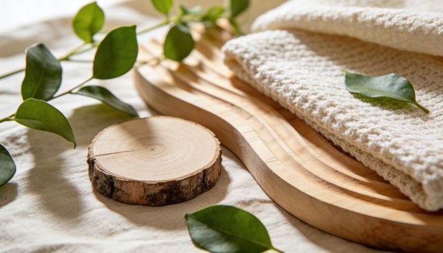 Folded cream knit towel on curved wooden tray with wood slice and green leaves