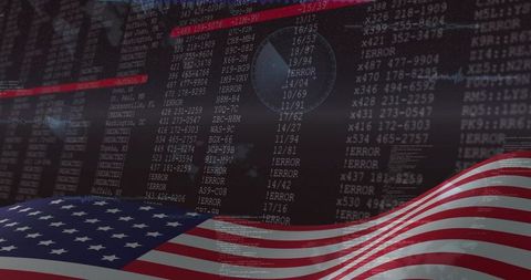 Waving United States Flag Overlaid on Cyber Code and Error Data for Cybersecurity Concept
