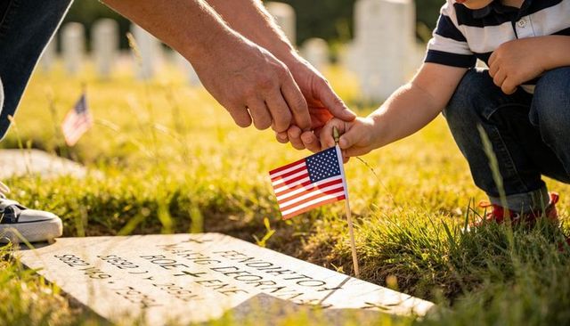 Adult and child planting american flag at veteran grave for memorial day family tribute