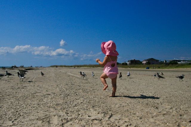 A young child wearing a pink hat plays joyfully on a sandy beach with seagulls around. The sky is clear with a few clouds, and houses can be seen in the distance. Ideal for use in projects relating to childhood, beach vacations, and family activities.