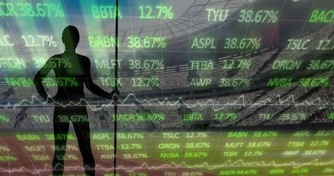 Athlete with Javelin and Digital Data in Stadium