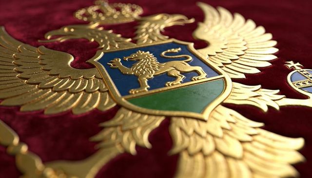 Gilded double-headed eagle emblem on crimson velvet with lion shield, luxury heraldic crest