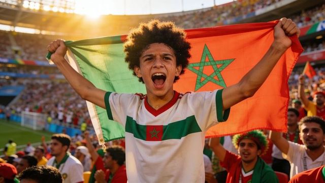 Young moroccan fan cheering and waving flag in sunlit stadium during football match