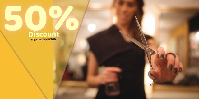 50 percent Discount with Smiling Hairdresser Holding Scissors in Salon - Download Free Stock Templates Pikwizard.com