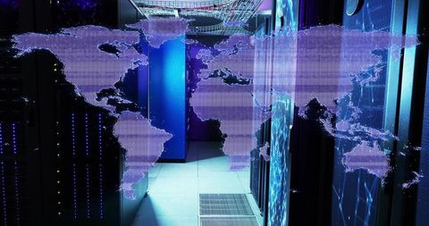 Projecting Holographic World Map Over Server Aisle With Blue LED Lighting and IT Racks