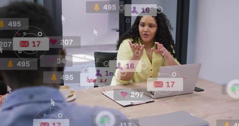 Woman presenting in meeting with social media notifications overlay, digital collaboration