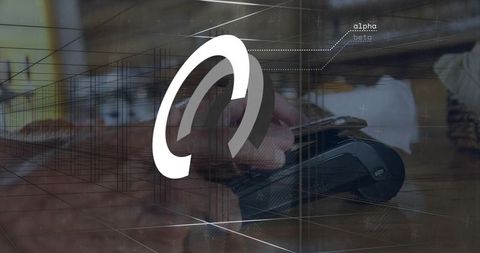 Minimalist curved logo overlay on workstation with hand on computer mouse and hud