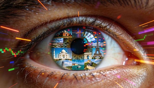 Macro human eye reflecting global landmarks collage with digital glitches and neon motion