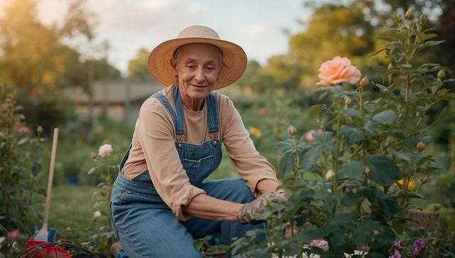 Senior woman tending rose garden at golden hour wearing straw hat and overalls