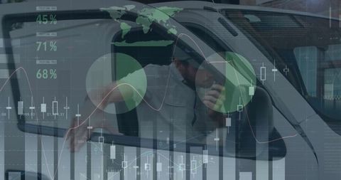 Caucasian Delivery Man Communicating with Data Overlay in Van