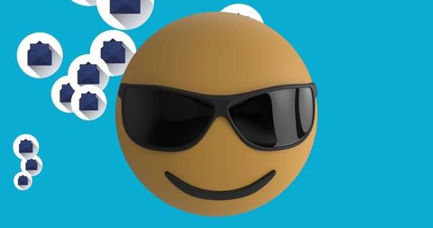 Cool Emoji Wearing Sunglasses with Email Icons on Blue Background