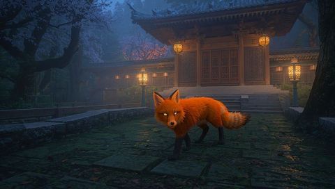 Red fox prowling mossy temple courtyard at twilight with glowing lanterns