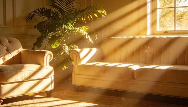 Golden morning light streaming through paned window on tufted beige sofa and armchair