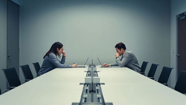 Two professionals working opposite at modern boardroom table with laptops and concentrating